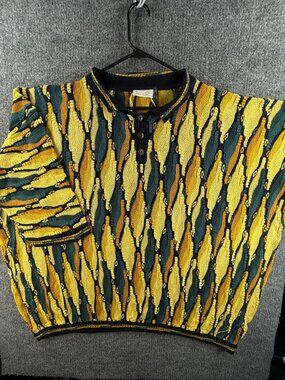 Coogi Australia Short Sleeve Yellow Blue Geometric Sweater 3XL Collared Men Knit